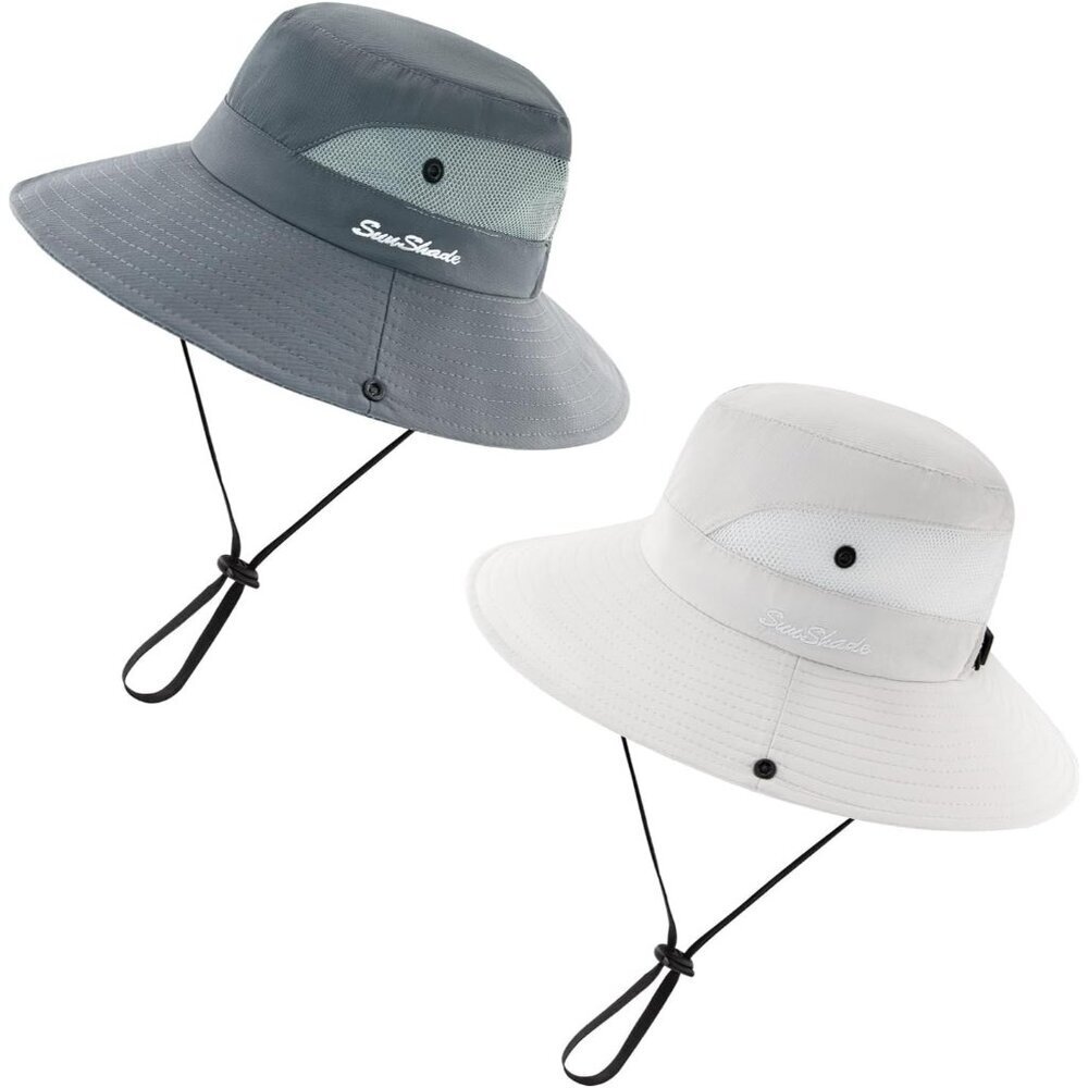 Unisex Gray & White Set of 2 Wide Brim Mesh Vent Chin Strap Classic Cowboy Hat